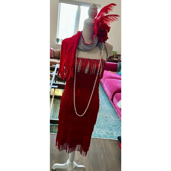 Red 1920s Flapper Dress Costume Set Headpiece Gloves Boa Wig Necklace Sz 4 Small - Picture 13 of 16